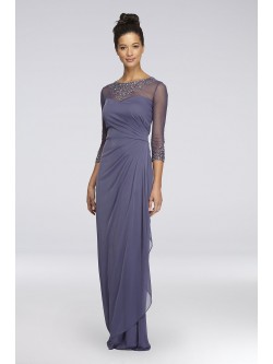 Beaded Mesh Overlay Gown with Flutter Sleeves Adrianna Papell