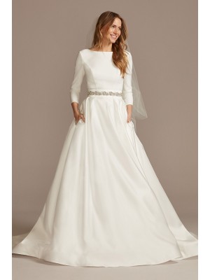 3/4 Sleeve Low Back Crepe and Satin Wedding Dress  WG4005