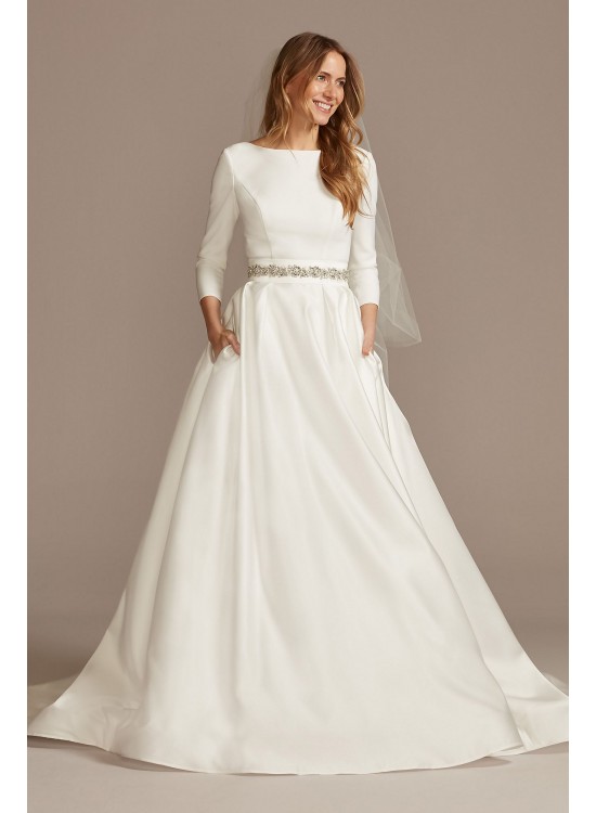 3/4 Sleeve Low Back Crepe and Satin Wedding Dress  WG4005