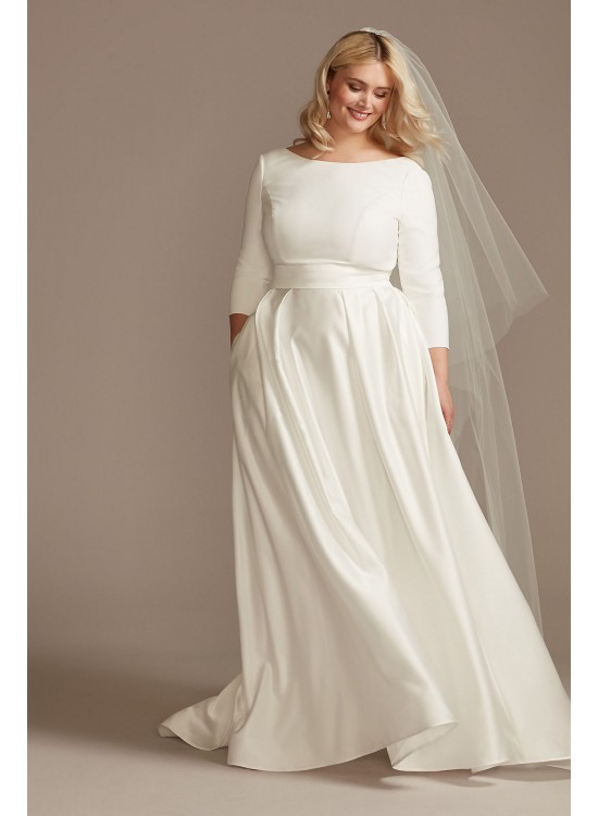 3/4 Sleeve Low Back Satin Plus Size Wedding Dress  9WG4005