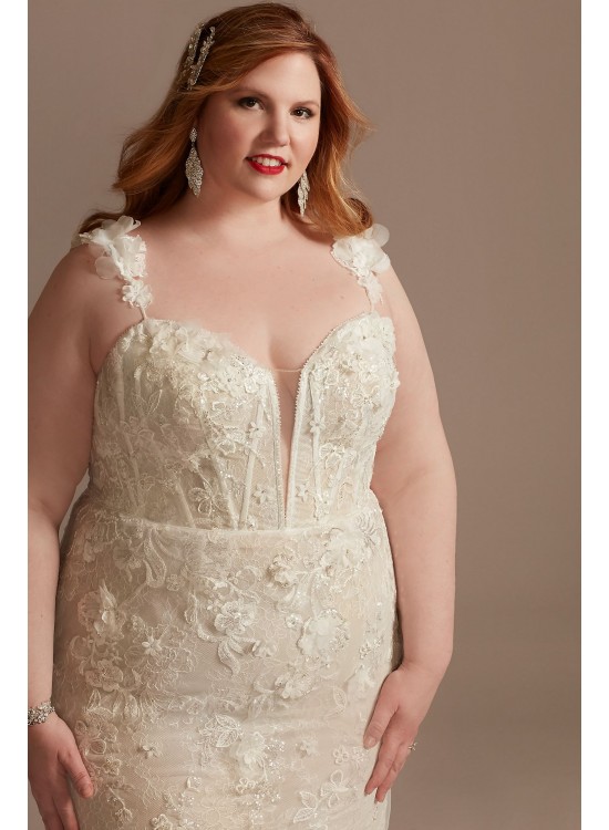 3D Floral Applique Plunge Plus Size Wedding Dress  9LSSWG885