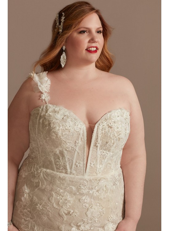 3D Floral Applique Plunge Plus Size Wedding Dress  9LSSWG885