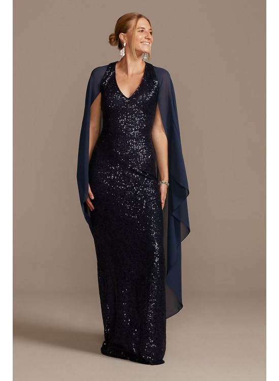 Allover Sequin Gown with Attached Chiffon Capelet  WBM2189