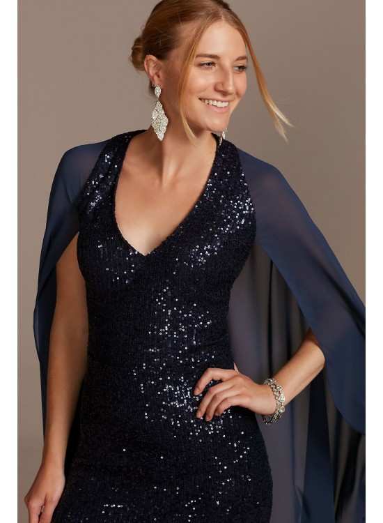 Allover Sequin Gown with Attached Chiffon Capelet  WBM2189