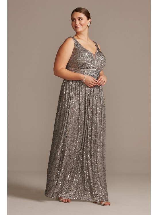 Allover Sequin Pleated Illusion Plus Size Gown Morgan and Co 21923W