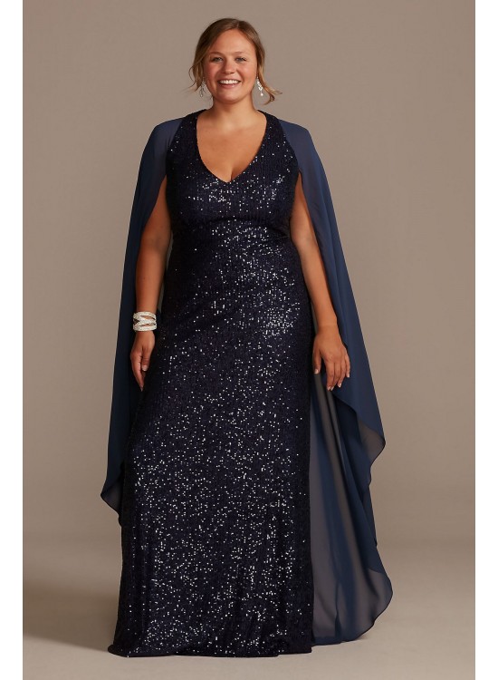 Allover Sequin Plus Size Gown with Chiffon Capelet  WBM2189W