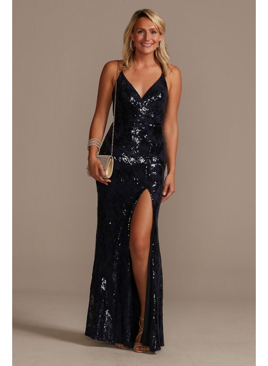 Allover Sequin Sheath Gown with V-Neckline  WBM2298