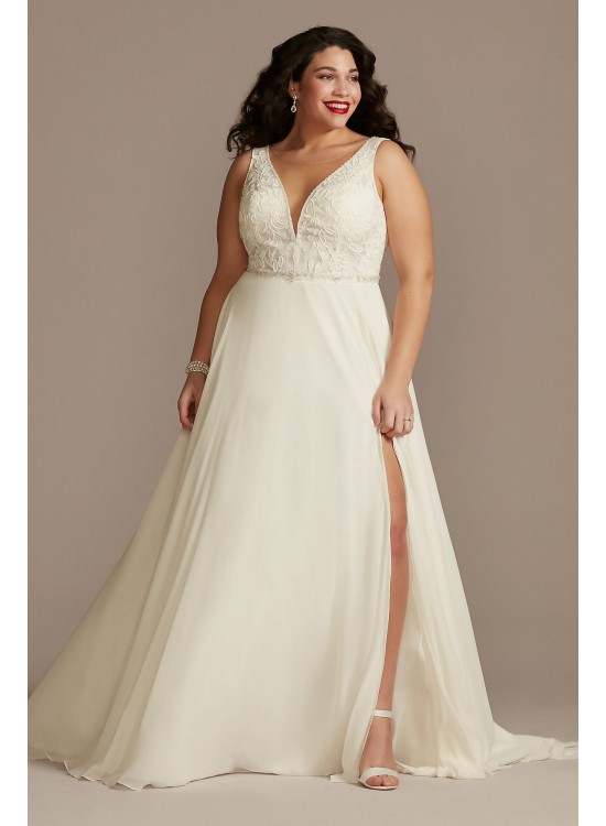 Applique Plunge Chiffon Plus Size Wedding Dress  9LBSWG842