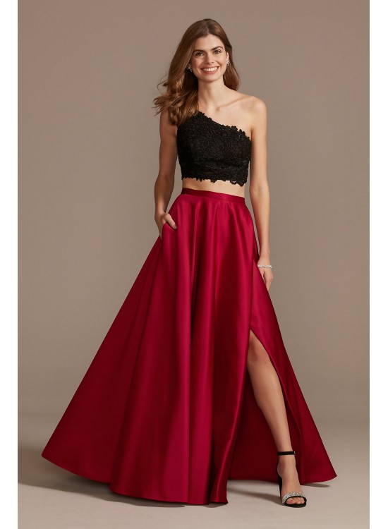 Asymmetric Lace Crop Top and Satin Split Skirt Set  WBM1795RW