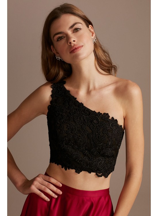 Asymmetric Lace Crop Top and Satin Split Skirt Set  WBM1795RW