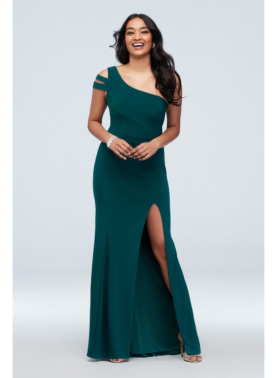 Banded Asymmetric Sleeve Stretch Jersey Gown Xscape 2451XD