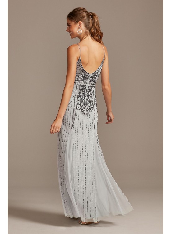 Bead-Embellished Mesh Overlay Spaghetti Strap Gown Jump 11091