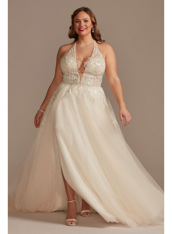 Beaded Applique Plunge Plus Size Wedding Dress  9SWG914