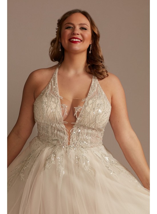 Beaded Applique Plunge Plus Size Wedding Dress  9SWG914