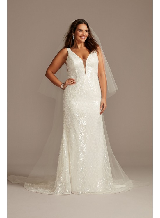 Beaded Illusion Plunge Plus Size Wedding Dress  9SWG873