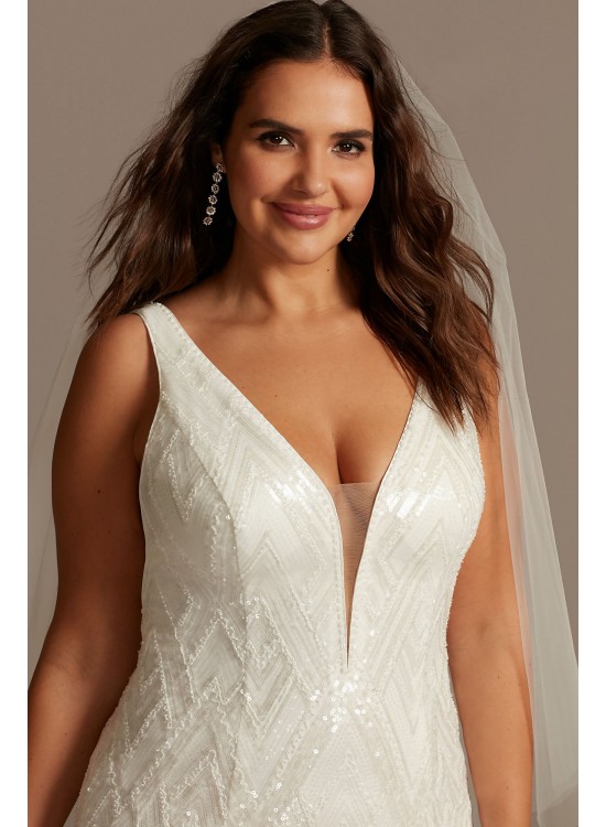 Beaded Illusion Plunge Plus Size Wedding Dress  9SWG873