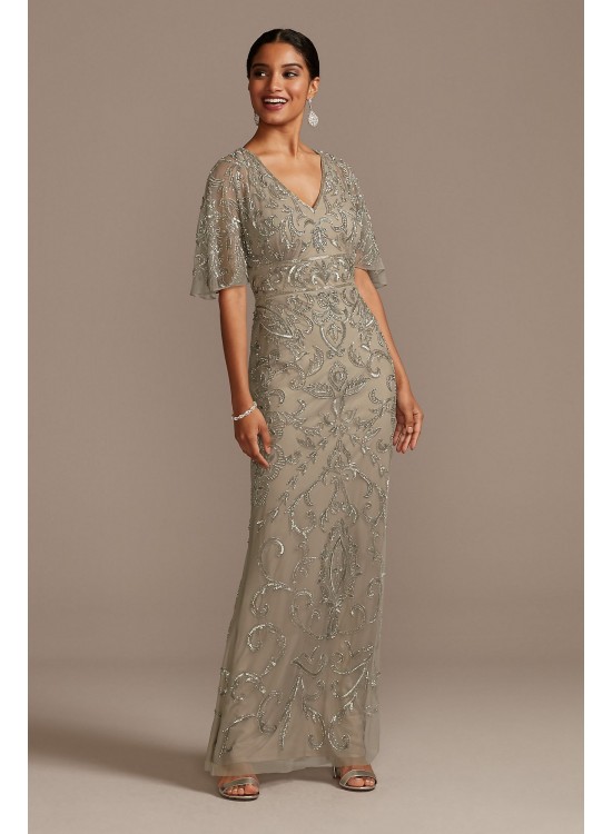 Beaded Mesh Overlay Gown with Flutter Sleeves Adrianna Papell