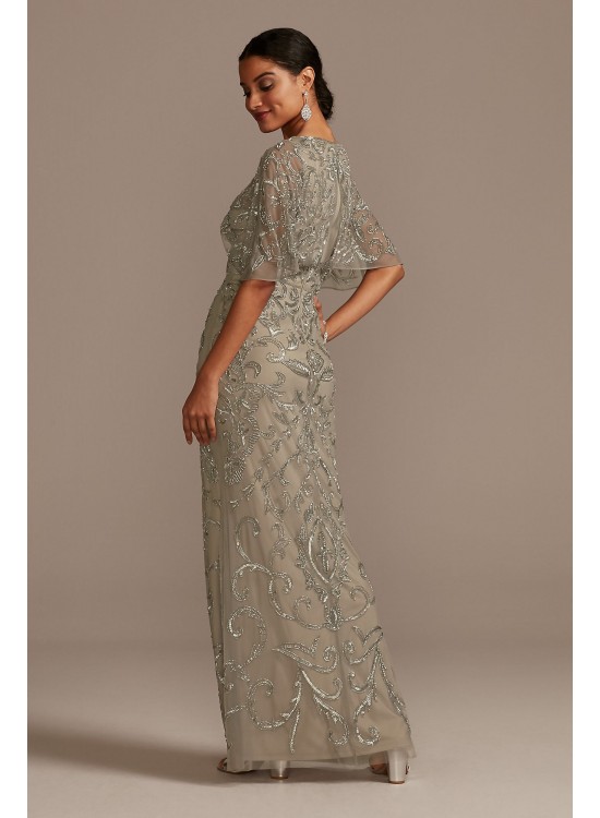 Beaded Mesh Overlay Gown with Flutter Sleeves Adrianna Papell AP1E206834