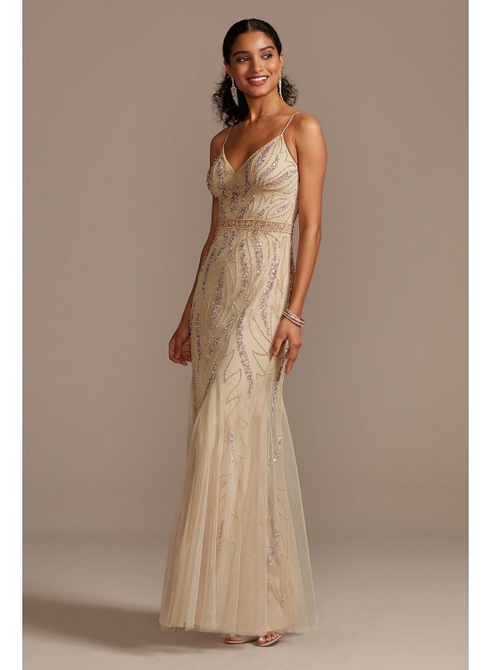 Beaded Overlay V-Neck Gown with Spaghetti Straps Jump 11655