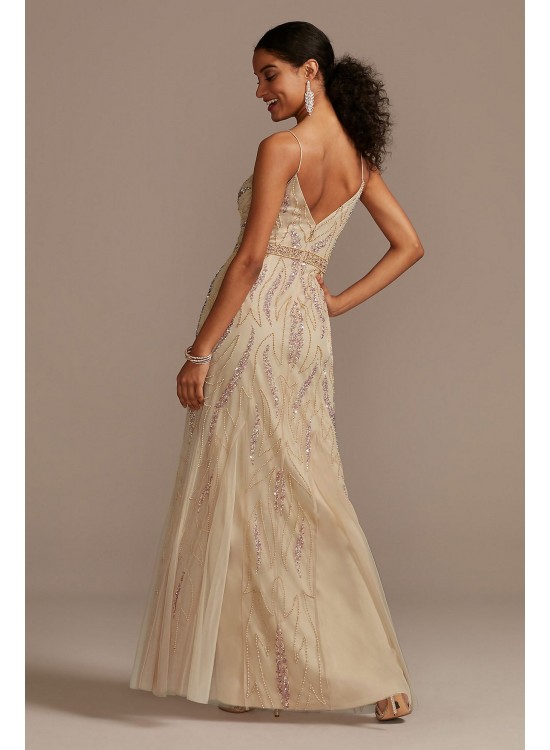 Beaded Overlay V-Neck Gown with Spaghetti Straps Jump 11655