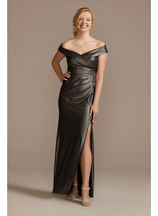 Beaded Ruched Metallic Off-Shoulder Sheath Gown  WBM2428V1