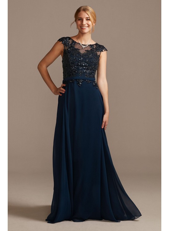 Beaded Sequin Illusion Cap Sleeve Belted Gown  VCRR18055