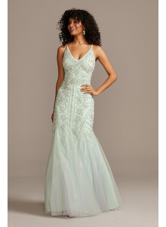 Beaded V-Neck Mermaid Gown with Tulle Godets Xscape 3480X