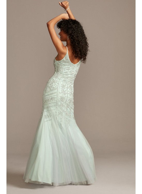 Beaded V-Neck Mermaid Gown with Tulle Godets Xscape 3480X