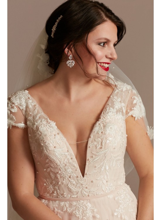 Cap Sleeve Pearl Tulle Wedding Dress with Low Back  CWG889