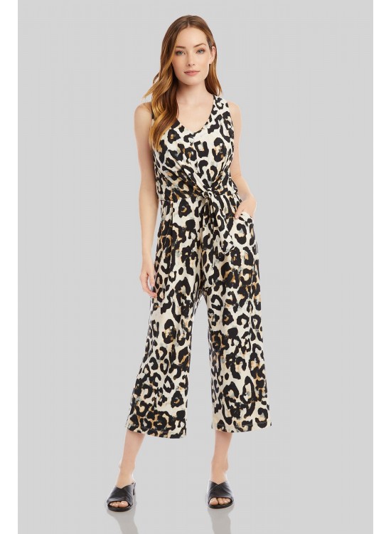 Cheetah Print V-Neck Tie-Front Sleeveless Jumpsuit Karen Kane 1L15262