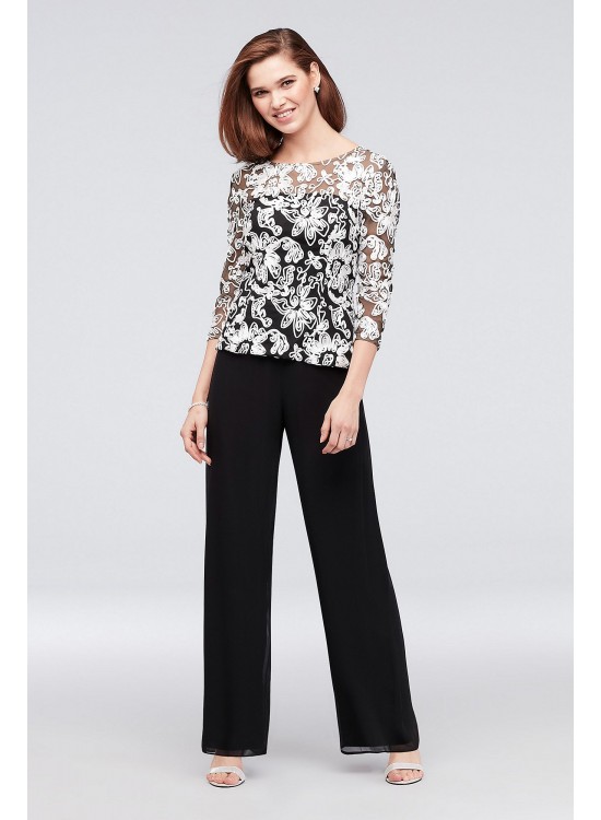 Chiffon Straight-Leg Pants with Picot Trim Alex Evenings 36025