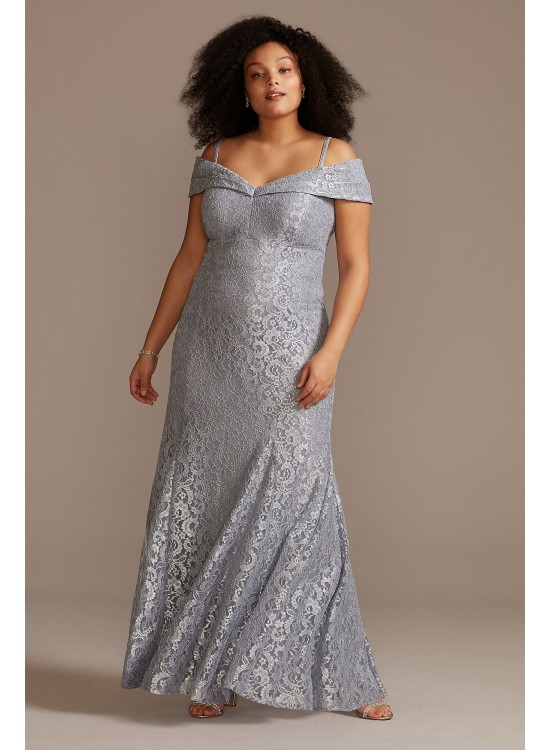 Cold-Shoulder Glitter Lace Plus Size Mermaid Dress  2047W