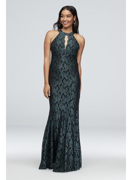 Contrast Lace High-Neck Halter Mermaid Gown Morgan and Co 21689