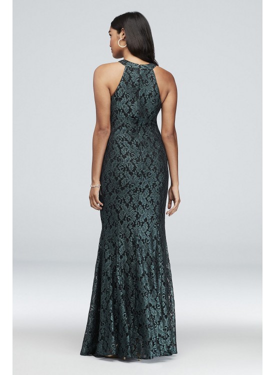 Contrast Lace High-Neck Halter Mermaid Gown Morgan and Co 21689