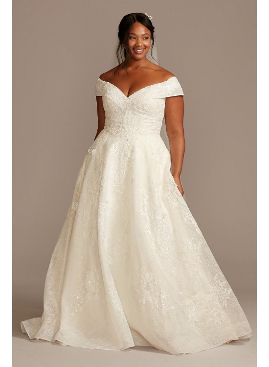 Cuff Off the Shoulder Lace Plus Size Wedding Dress  8CWG877