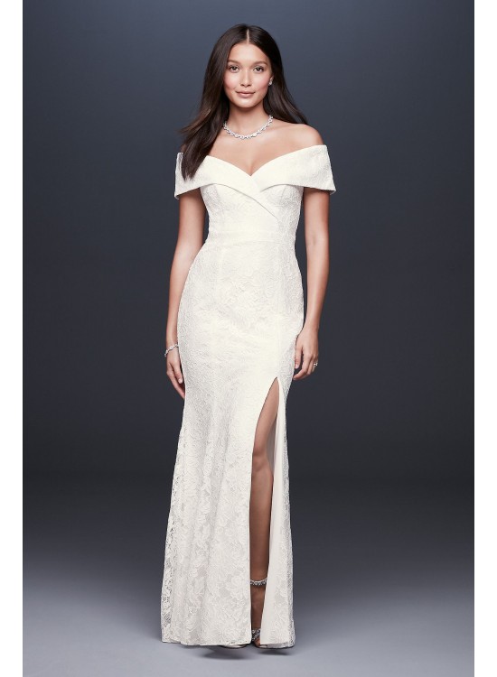 Cuffed Off-the-Shoulder Lace Sheath Gown with Slit DB Studio DB1531