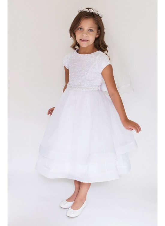 Double Layer Short Sleeve Organza and Lace Dress C5-381