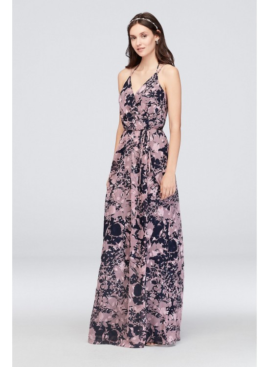 Double-Strap Long Printed Bridesmaid Wrap Dress  F19755P