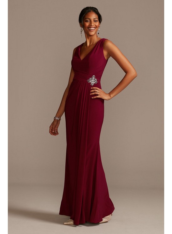 Draped V-Neck Jersey Dress with Crystal Applique  WBM19059