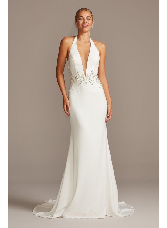 Embellished Waist Plunge Halter Wedding Dress  SWG838