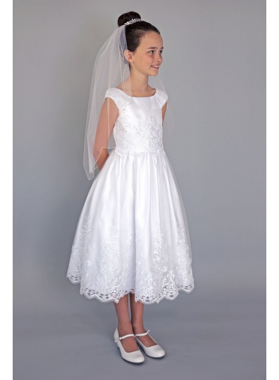 Embroidered Cap Sleeve Tea-Length Communion Dress C5-363