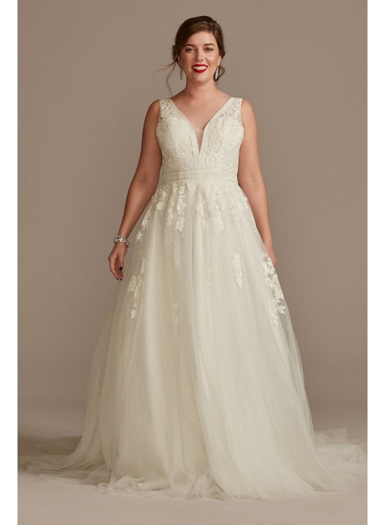 Embroidered V-Neck Wedding Dress with Tulle Skirt  CWG888