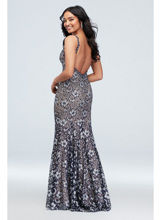 Floral Embellished Deep-V Gown with Lace Trim Xscape 1789X