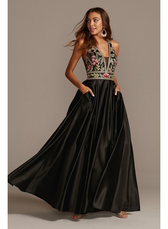 Floral Embellished Halter Satin Ball Gown Blondie Nites 2096BN