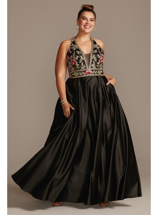 Floral Embellished Halter Satin Plus Size Gown Blondie Nites 2096BNW