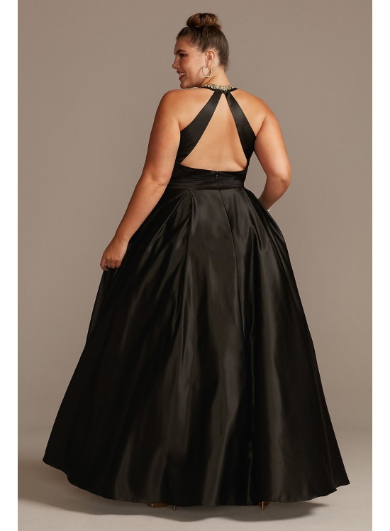 Floral Embellished Halter Satin Plus Size Gown Blondie Nites 2096BNW