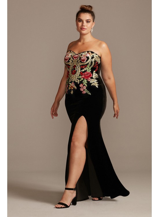 Floral Embroidered Velvet Strapless Plus Size Gown Blondie Nites 1294BNW