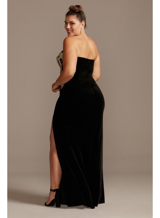 Floral Embroidered Velvet Strapless Plus Size Gown Blondie Nites 1294BNW