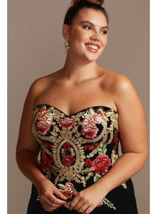 Floral Embroidered Velvet Strapless Plus Size Gown Blondie Nites 1294BNW