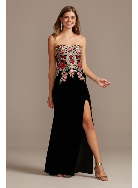 Floral Embroidered Velvet Strapless Sheath Gown Blondie Nites 1294BN